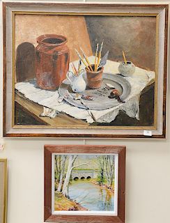 Two Biff Heins (20th century) paintings including oil on canvas still life with paint brushes and an oil on board landscape with bri...