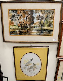 Three framed pieces to include Betty De watercolor on paper, birds with chicks signed illegibly lower right; watercolor fall landsca...