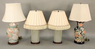 Four Chinese style porcelain lamps to include a pair of crackle glazed celadon lamps and an Oriental jar and painted vase made into ...