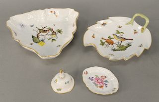 Four piece Herend porcelain group to include triangle dish, leaf dish, bell, and small dish. trays lg. 9 1/4 in. & 9 1/2 in., bell:...