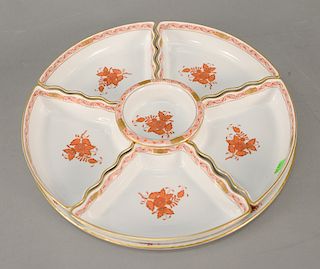 Seven piece Herend porcelain center dish, hors d'oeuvre tray marked Herend Hungary. dia. 14 1/2 in. Provenance: From the Estate of D...