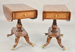 Pair of custom mahogany Regency style drop leaf tables with banded inlaid tops. ht. 28 in., top closed: 16 1/2" x 28" Provenance: Fr...