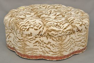 Button tufted upholstered ottoman, scalloped form. dia. 41 in. Provenance: From the Estate of Deborah G. Black of Greenwich, Connect...