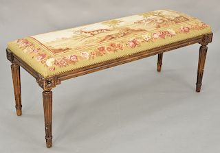Louis XVI style tapestry upholstered bench. lg. 48 in. Provenance: From the Estate of Deborah G. Black of Greenwich, Connecticut