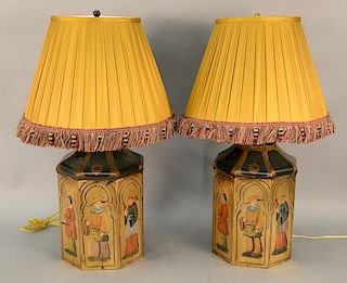 Pair of tole lamps with painted Oriental figures. ht. 30 in.