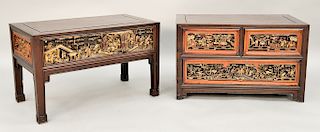 Two Chinese tables, one with three carved drawers, one with one end drawer and carved side. ht. 20 in., top: 18" x 32"