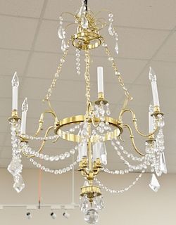 Contemporary chandelier, brass and crystal. approximate ht. 46 in., approximate dia. 34 in.