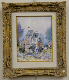 Jean Pierre Dubord (French b. 1949), oil on canvas, House with Flowers, signed lower right, 13"x 10" Provenance: From the Estate of ...