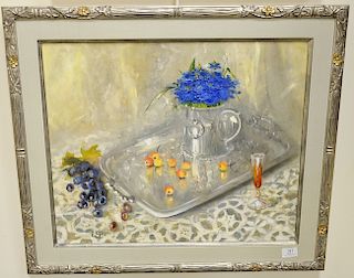 Oil on canvas, still life silver tray with fruit and flowers, initialed lower left, sight size 19" x 23"