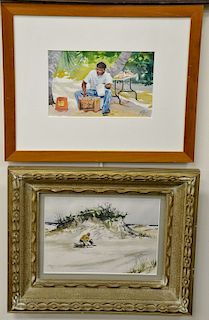 Four Biff Heins (20th century) watercolors including Inside a Barn, Tea Box, & Tomat, Sand Dune, and Men Playing Checkers, all signe...