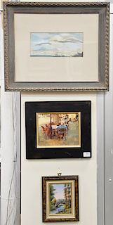 Three framed paintings to include Beth Richards, watercolor, Madrid Sunset 1960, sight size 5 1/2" x 12"; enameled painting landscap...