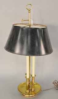 Large brass bouillotte table lamp with tole shade. ht. 33 in. Provenance: An Estate from Farmington, Connecticut