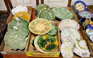 Six tray lots of Majolica including set of twelve leaf plates marked Portugal, two Vietri chargers, white Bordallo cabbage bowls, th...