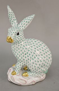 Large Herend rabbit with green fishnet pattern, gold gilt nose and paws on base marked Herend Hungary Handpainted 5334. ht. 11 3/4 i...