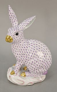 Large Herend rabbit with purple fishnet pattern gold gilt nose and paws on base marked Herend Hungary Handpainted 5334. ht. 11 3/4 i...