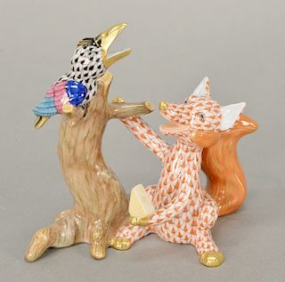 Herend porcelain figurine "The Fox & The Crow" multicolor fishnet and gold gilt. ht. 4 1/2 in. Provenance: From the Estate of Debora...