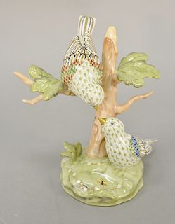 Herend porcelain bird in tree figurine "Loving Couple" green fishnet marked Herend Hungary, hand painted #15085. ht. 6 3/4 in. Prove...