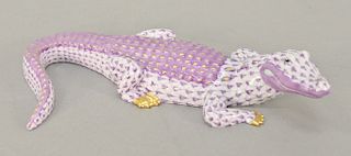 Herend porcelain figurine of alligator or crocodile in purple gold gilt fishnet marked Herend Hungary Handpainted 15540. lg. 8 in. P...