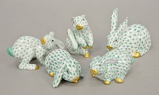 Group of five Herend porcelain rabbit figurines in green fishnet and gold gilt, all marked Herend Hungary Handpainted including #155...