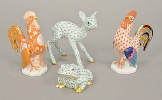 Group of four Herend porcelain figurines including two roosters 15014; a green fishnet frog; and a green fishnet deer; all marked He...