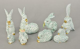 Group of eight small Herend porcelain rabbit figurines, green fishnet and gold gilt, all marked Herend Hungary, hand painted (one re...