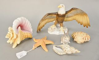 Group of six Herend porcelain figurines Kingdom Classic eagle figure 15810, conch shell 15574 (lg. 7 in.), starfish, small rabbit, s...