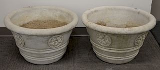 Pair of cement planters with leaf roset decor. Provenance: From the Estate of Deborah G. Black of Greenwich, Connecticut