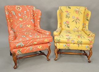Pair of Queen Anne style upholstered wing chairs with non matching upholstery. ht. 39 1/2 in., wd. 32 in. Provenance: An Estate from...