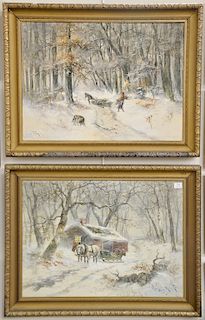 Pair Hugo Anton Fisher (1854-1916), watercolor, winter landscapes, one with horse drawn carriage and the other gathering wood, signe...