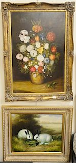 Two 20th century school paintings including oil on canvas, Rabbits Feeding in a Clearing, 19 1/4" x 23 1/2" and Flowers, signed ille...