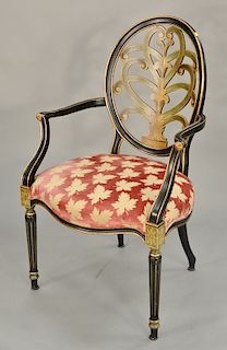 George III style painted wood open armchair, oval back with pierced scrolled backsplat, above a shaped seat, raised on turned fluted...
