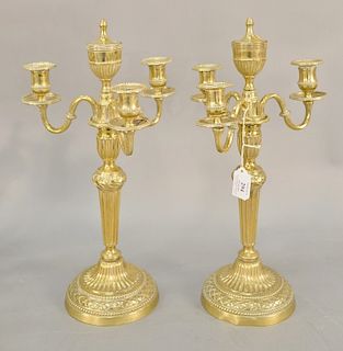 Pair of brass three light candelabra. ht. 16 1/2 in. Provenance: An Estate from Farmington, Connecticut
