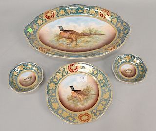 Mignon Bavaria German porcelain fifteen piece sporting bird set to include 12 plates (dia. 8 3/4 in.), tray (lg. 17 in.), and two sm...