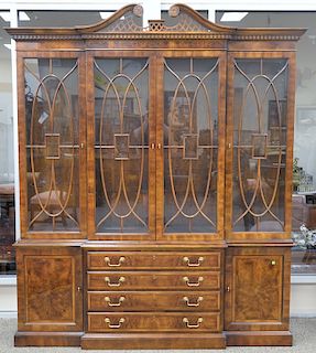 Henredon Aston Court mahogany breakfront with glass shelves and lights. ht. 91 in., wd. 77 in., dp. 16 in.
