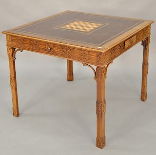 Mahogany Chinese Chippendale style games table with inlaid checkerboard center with tooled leather surround and four small drawers. ...