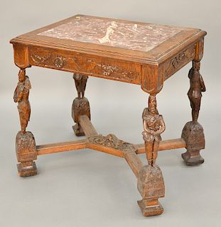 Oak table with inset rouge marble frieze with cannons and guns, carved soldier legs with stretcher base, each leg base marked: Angle...