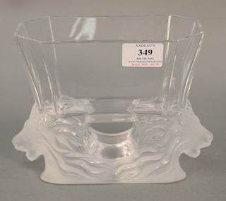 Lalique center dish with double lion heads, marked Lalique France. ht. 6 in.