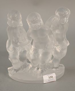 Lalique frosted figural bookend sculpture with three cherubs or enfants. ht. 7 3/4 in.