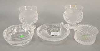 Five piece Lalique smoking group to include a pair of match or lighter holders (ht. 14 1/2), frosted shell decal ashtray, swirl asht...