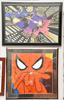 Five piece group of animation art to include Spiderman lithograph on canvas, Spiderman by David Beck, Spiderman Marvel 11/250 Spider...