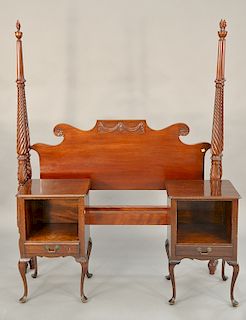 Three piece lot to include Fineberg four post bed double size with flame finials (ht. 69 in.), with pair of Queen Anne style stands ...