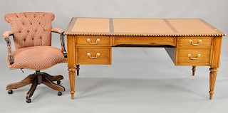 Victorian style mahogany desk, leather inset top above five drawers, together with a commercial
quality Regency style mahogany side ...