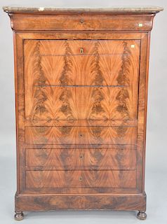 Mahogany secretaire abattant having marble top, circa 1850. ht. 58 1/2 in., wd. 40 1/2 in.
