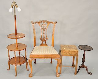 Four piece lot to include three tier mahogany floor lamp (ht. 56 in.), inlaid candle stand with ball and claw feet, burl lift top bo...