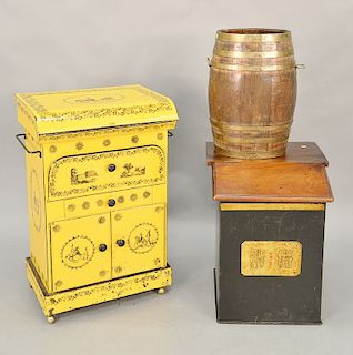 Three piece group to include brass bound oak barrel, yellow painted tole cabinet, and a wood coal hod. Provenance: An Estate from Fa...