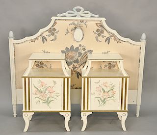 Pair of Contemporary painted and floral decorated bedside cupboards, each having one door. ht. 33 in., wd. 21 in. Provenance: From t...