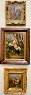Three oil on canvas paintings of roosters including Trevor James (20th century) of two roosters, signed lower right (15 1/2" x 12") ...