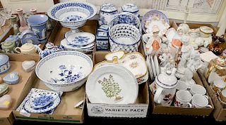 Six tray lots of porcelain to include blue and white large compote, basket, bowls, porcelain figures, serving dish, tea set, etc. Pr...