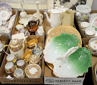 Four tray lots to include Koshida Japanese satsuma tea set, Belleek porcelain eggs, Lenox vase, dresser tray set, Bunnykins, Royal D...