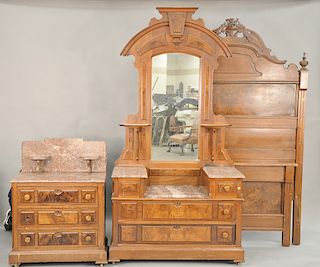 Three piece walnut Victorian bedroom set to include high back bed (ht. 87 in.), marble top dropwell chest with mirror (ht. 88 in., w...